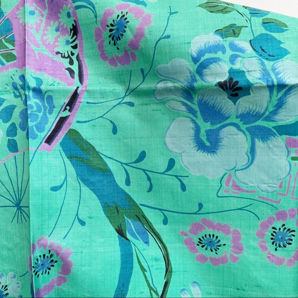 Green Blue Thai Silk Scarf 35” Floral Bird Bamboo - Picture 4 of 12